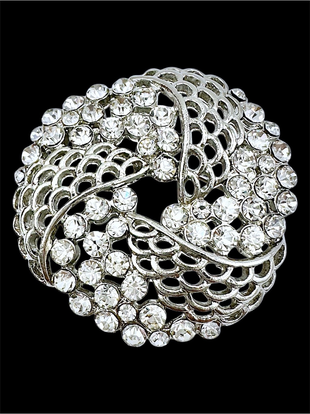 Pinwheel Wreath Rhinestone Silver Tone Brooch